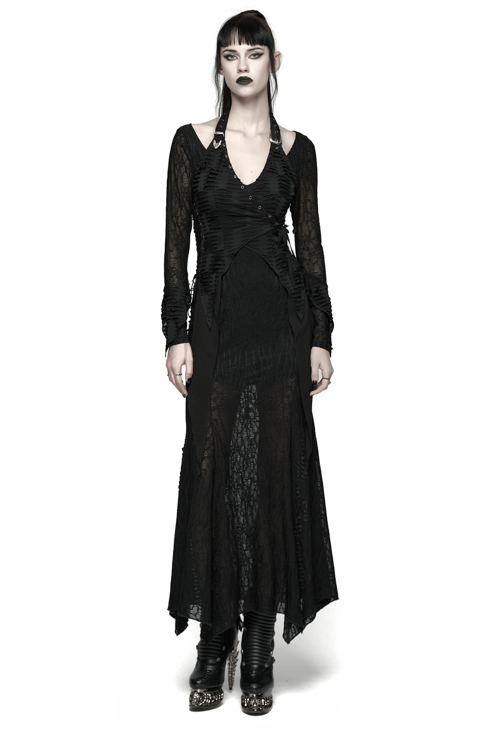Gothic Ragged Knit Mesh Dress with Fish-tail Hem
