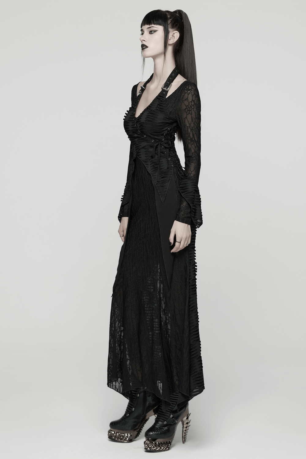 Gothic Ragged Knit Mesh Dress with Fish-tail Hem