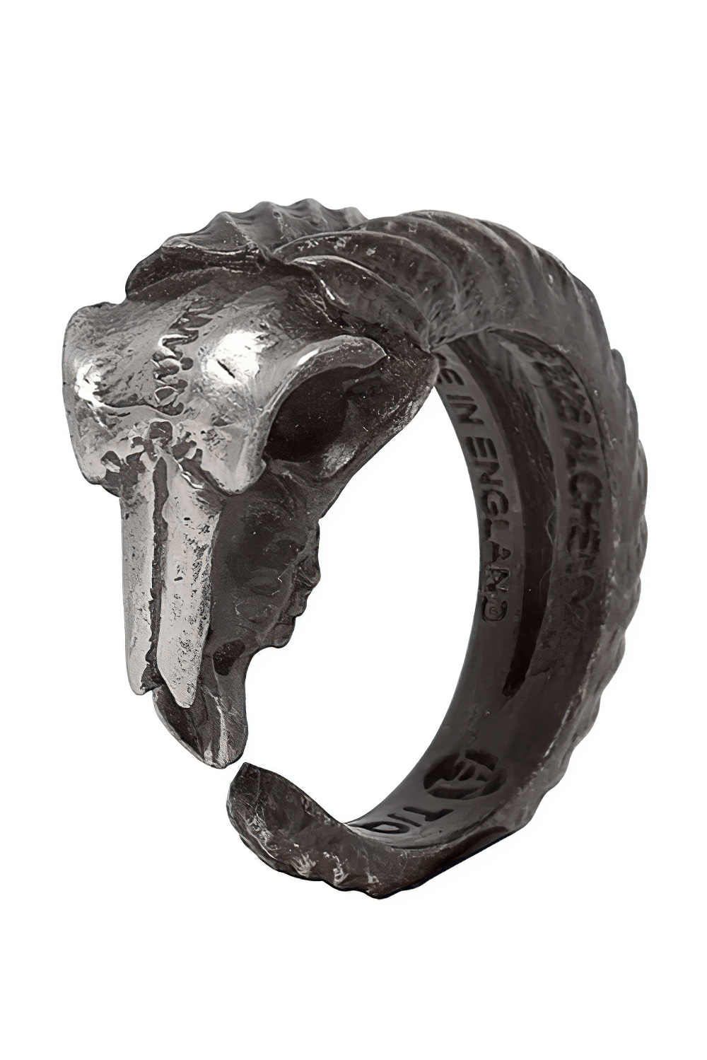Gothic Ram Skull Ring with Blackened Horn Details