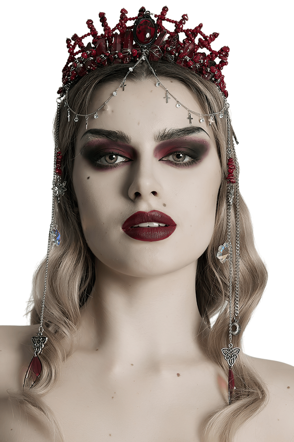 Gothic Red Crystal Crown with Silver Cross Tassels