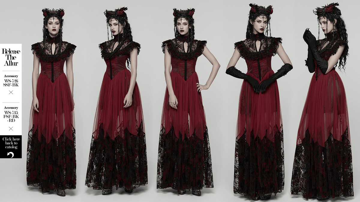 Gothic Red Lace and Mesh Flying Sleeve Maxi Dress