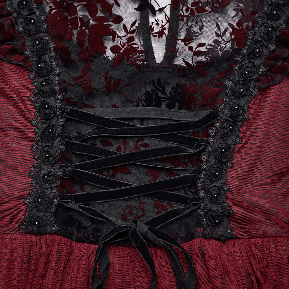 Gothic Red Lace and Mesh Flying Sleeve Maxi Dress