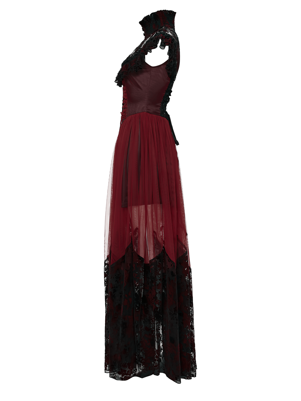 Gothic Red Lace and Mesh Flying Sleeve Maxi Dress