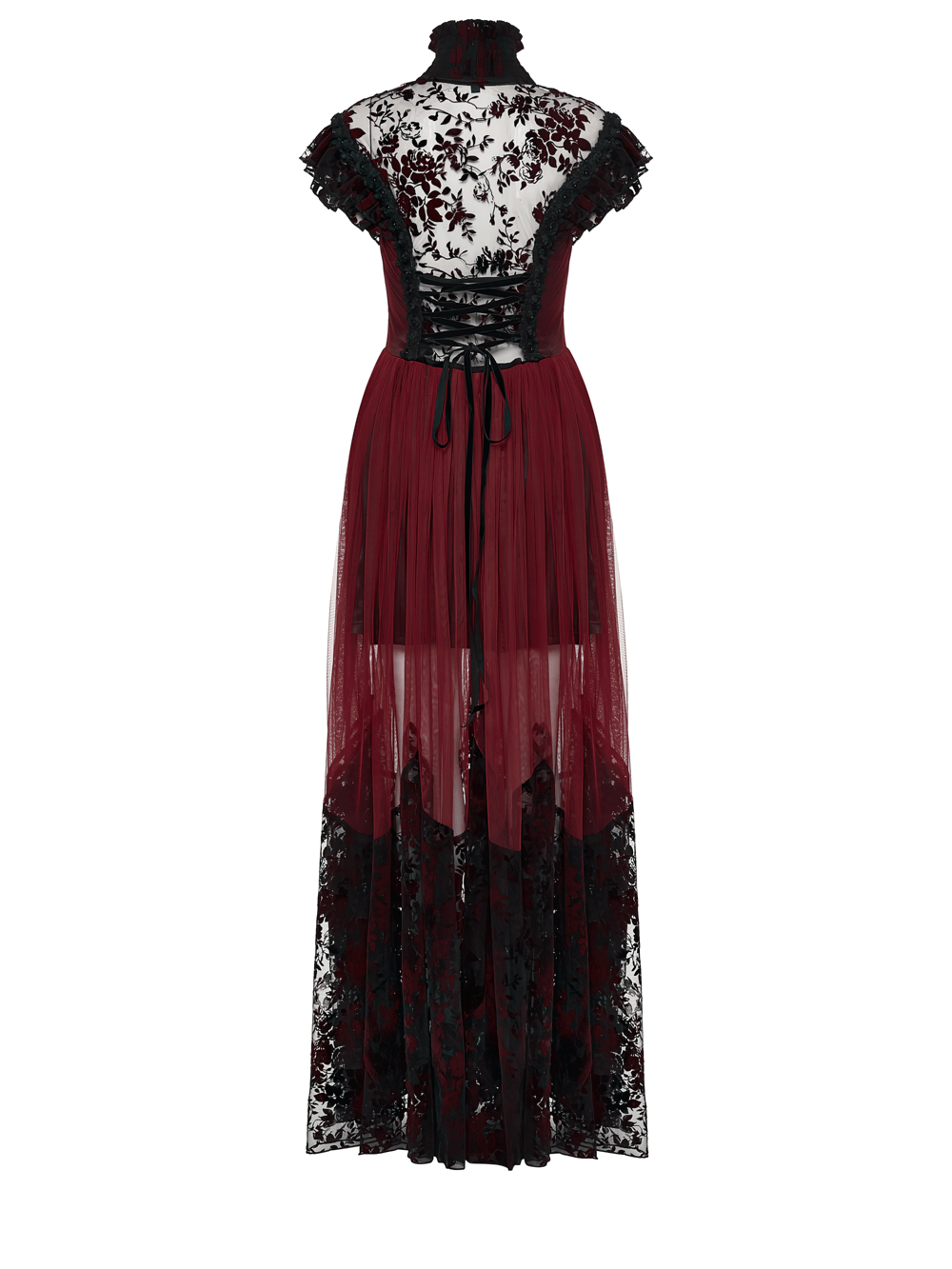 Gothic Red Lace and Mesh Flying Sleeve Maxi Dress