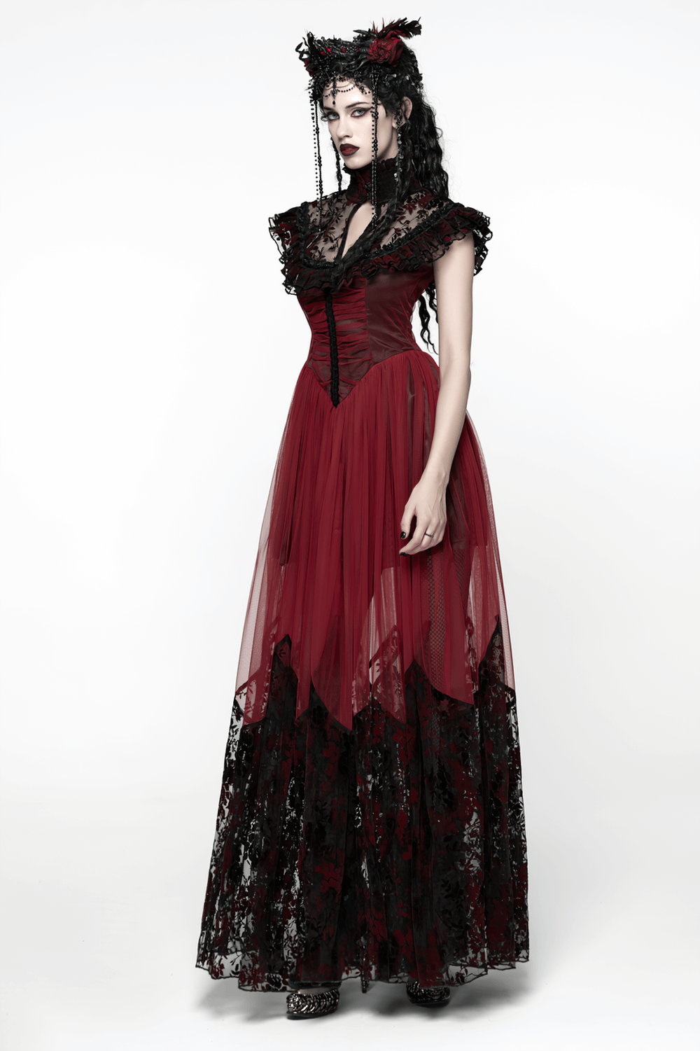 Gothic Red Lace and Mesh Flying Sleeve Maxi Dress