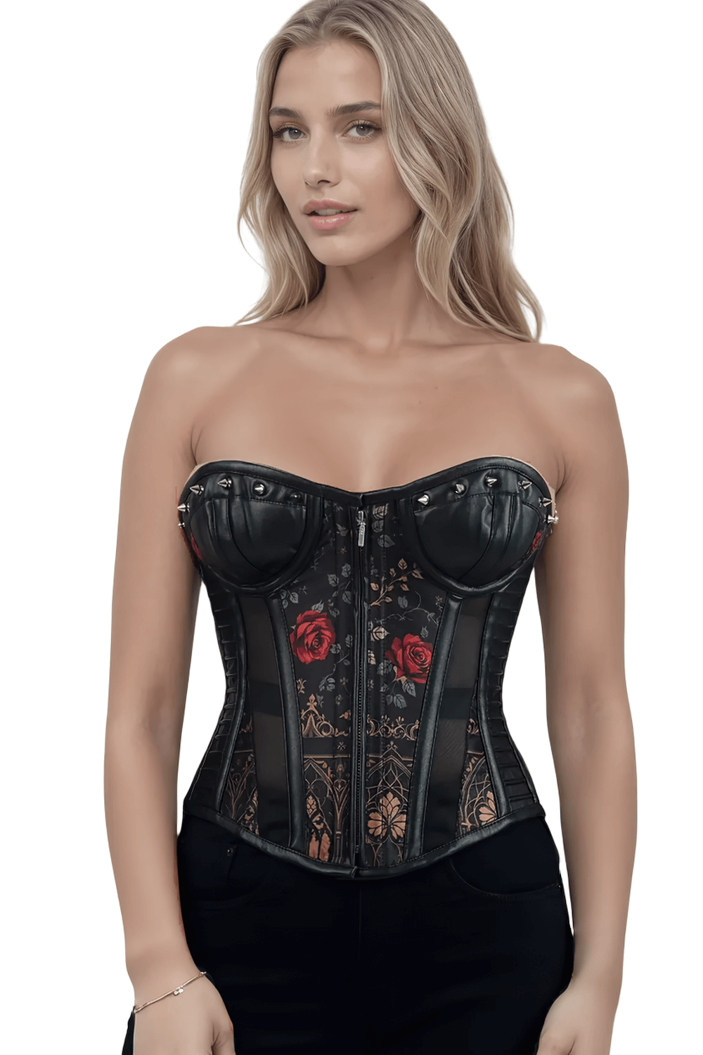 Gothic Red Rose Overbust Corset with Studded Details