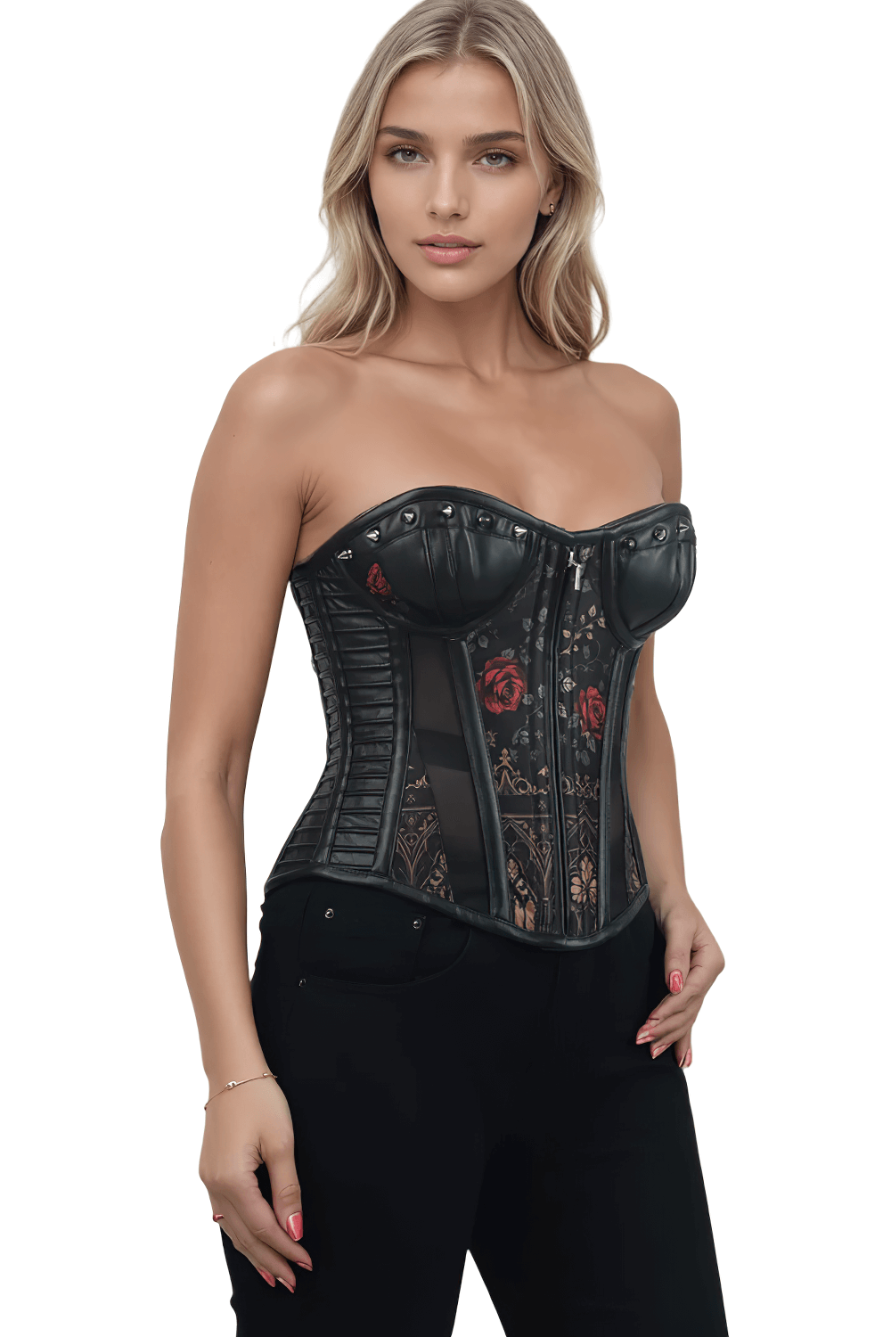 Gothic Red Rose Overbust Corset with Studded Details