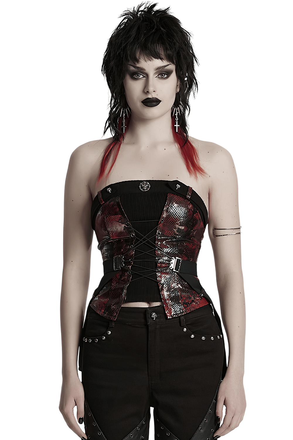 Gothic Red Snake Print Tube Top with Lace and Buckles