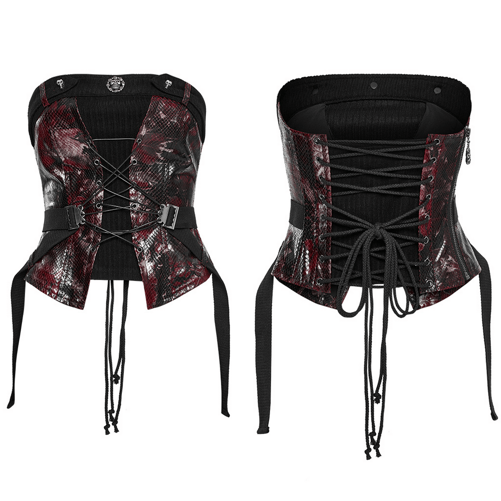Gothic Red Snake Print Tube Top with Lace and Buckles