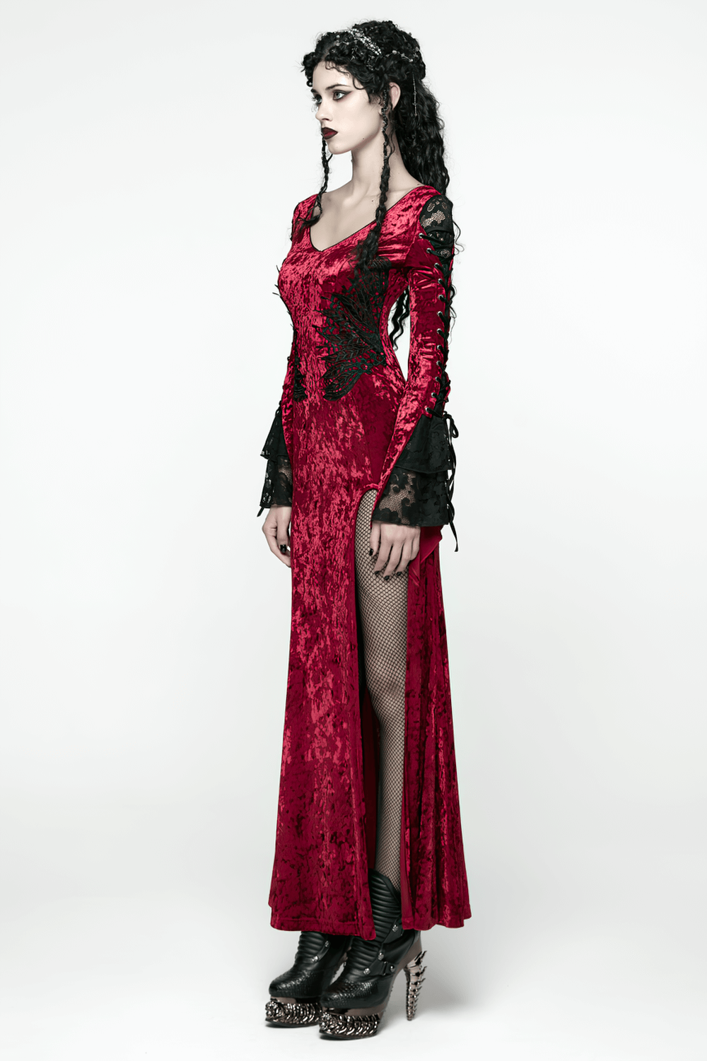 Gothic Red Velvet Dress with Lace-up Back and High Slit
