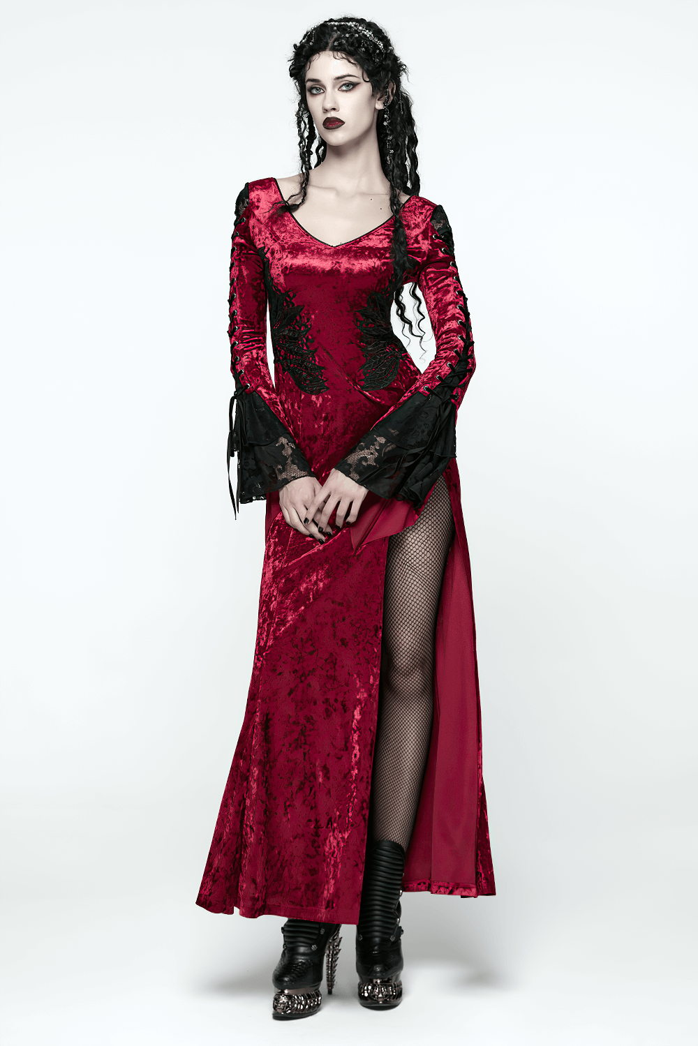 Gothic Red Velvet Dress with Lace-up Back and High Slit
