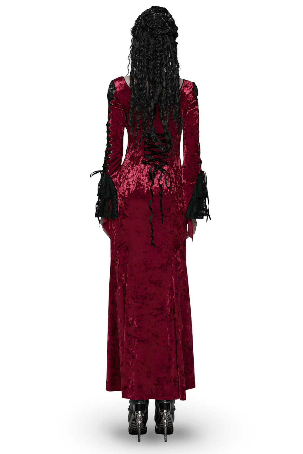 Gothic Red Velvet Dress with Lace-up Back and High Slit