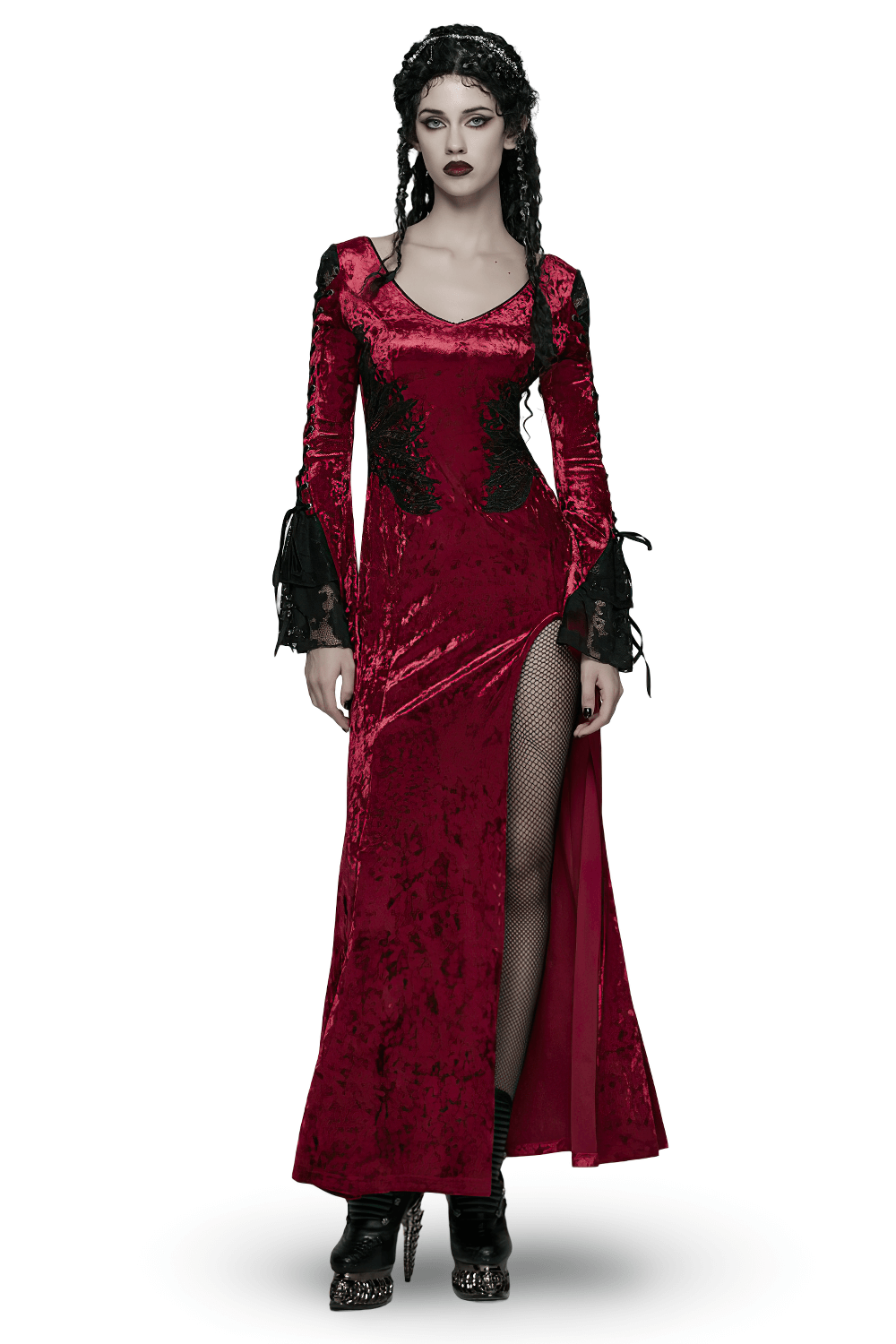 Gothic Red Velvet Dress with Lace-up Back and High Slit