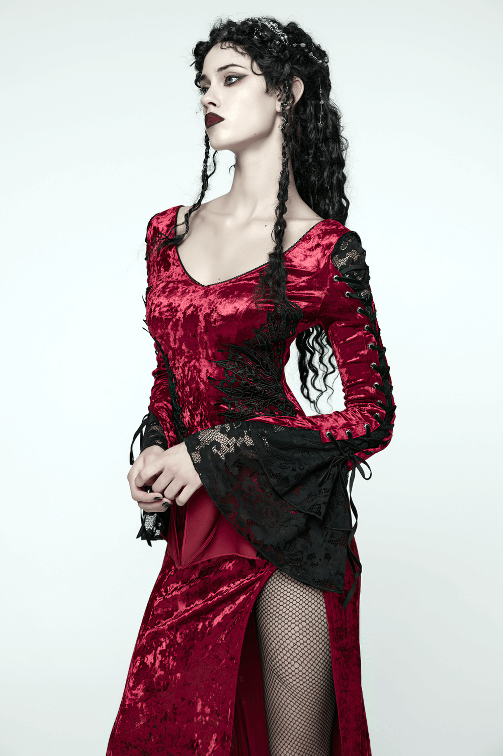 Gothic Red Velvet Dress with Lace-up Back and High Slit