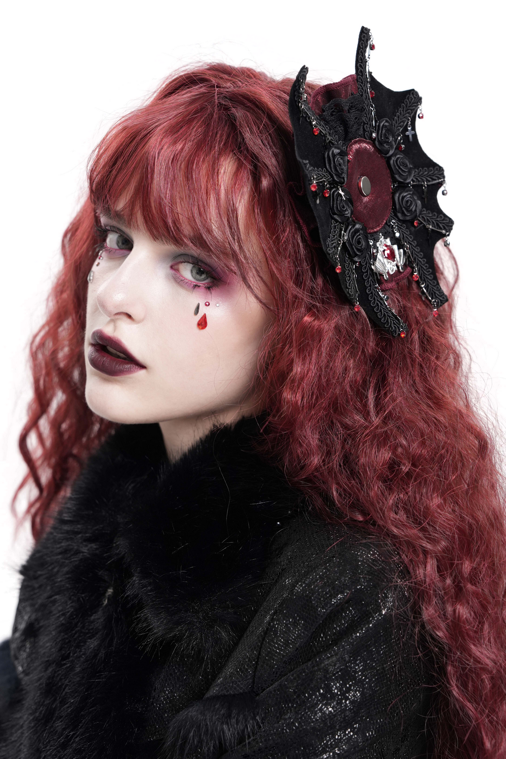 Gothic Rose Cross Hair Clip with Spider Web and Skull Detail
