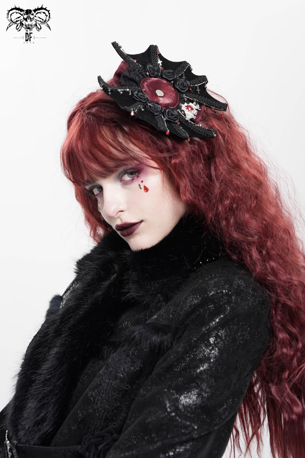 Gothic Rose Cross Hair Clip with Spider Web and Skull Detail