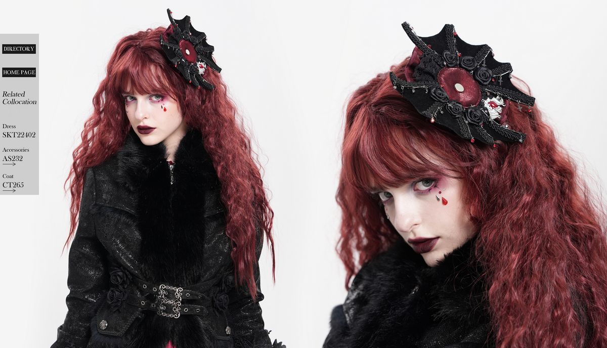 Gothic Rose Cross Hair Clip with Spider Web and Skull Detail