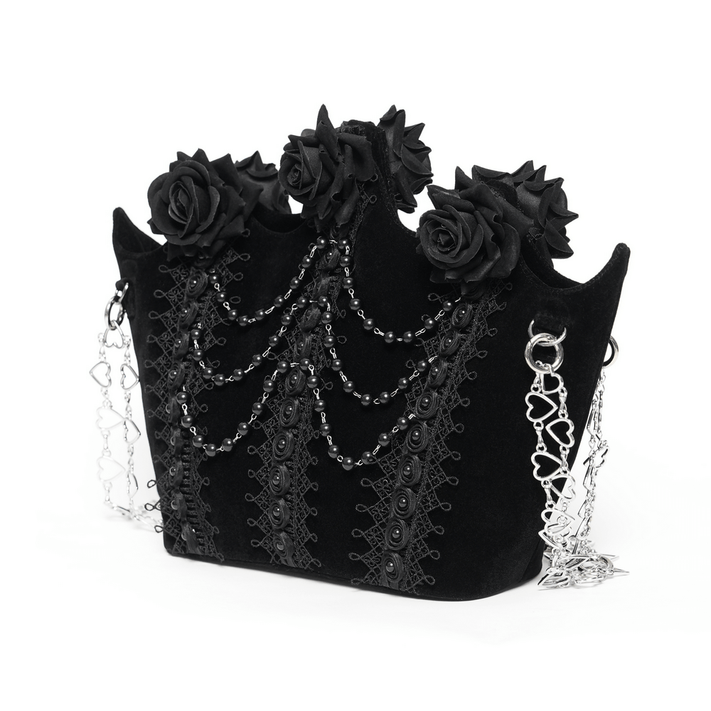 Gothic Rose Velvet Handbag with Pearl Chains and Lace