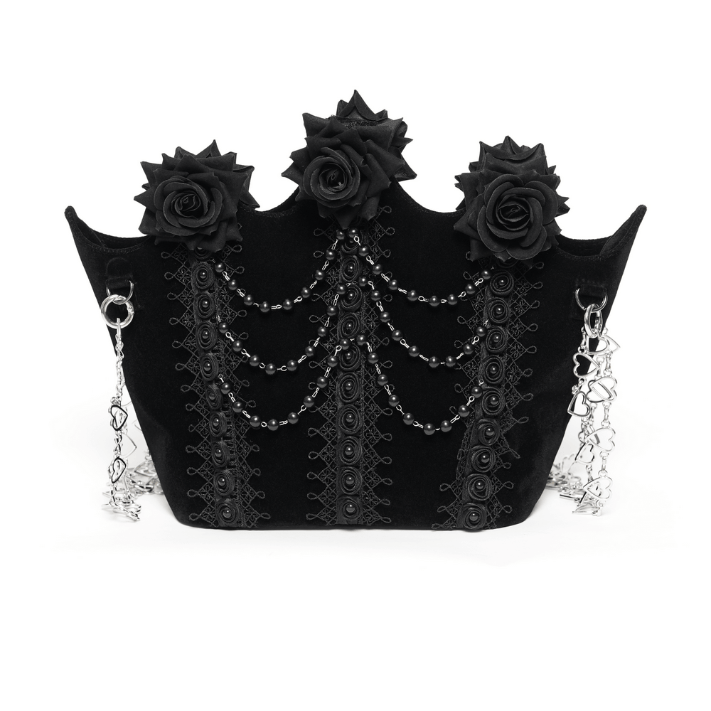 Gothic Rose Velvet Handbag with Pearl Chains and Lace