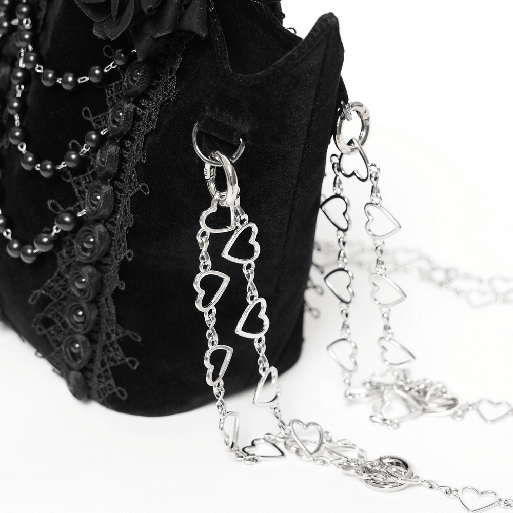 Gothic Rose Velvet Handbag with Pearl Chains and Lace
