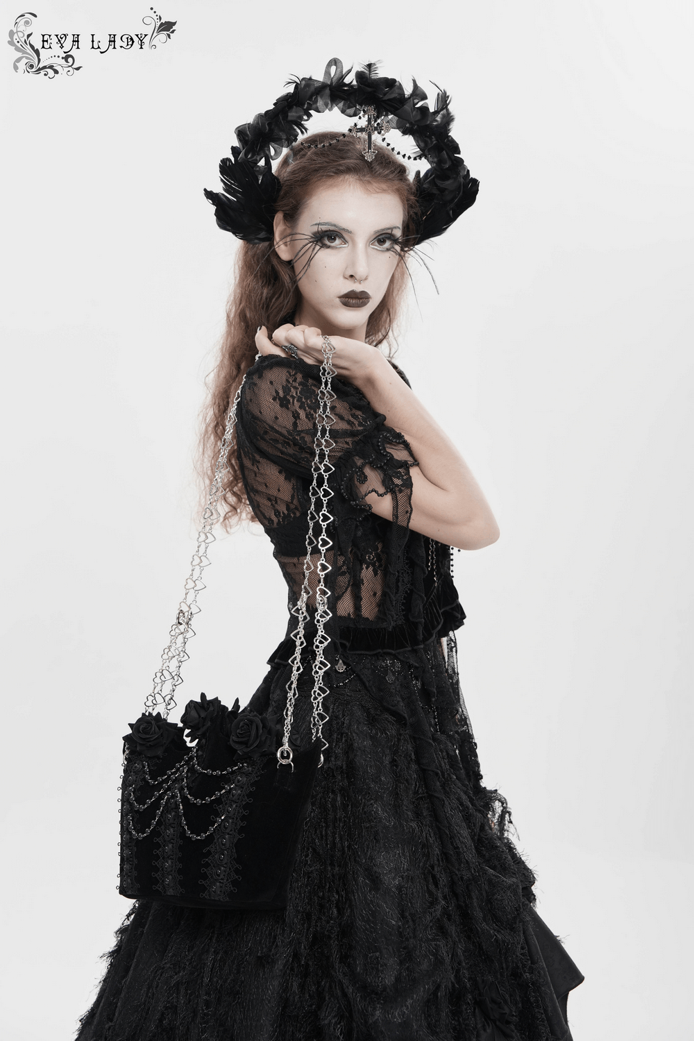 Gothic Rose Velvet Handbag with Pearl Chains and Lace