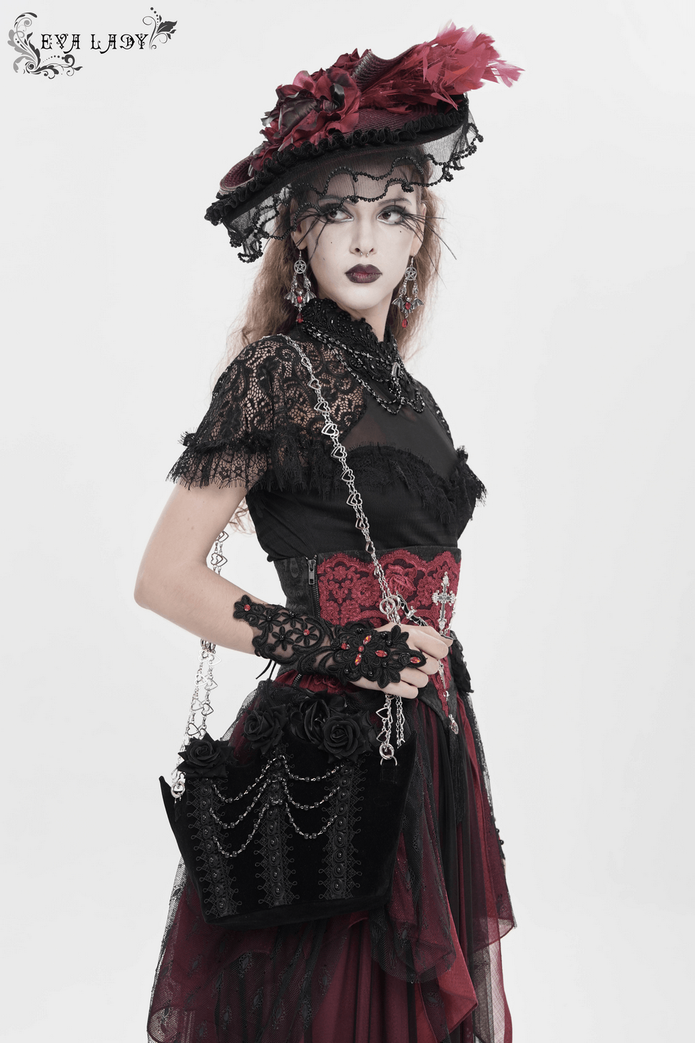 Gothic Rose Velvet Handbag with Pearl Chains and Lace