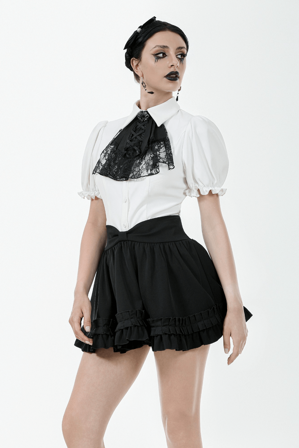 Gothic Ruffle Mini Skirt with Bow and Satin Layers