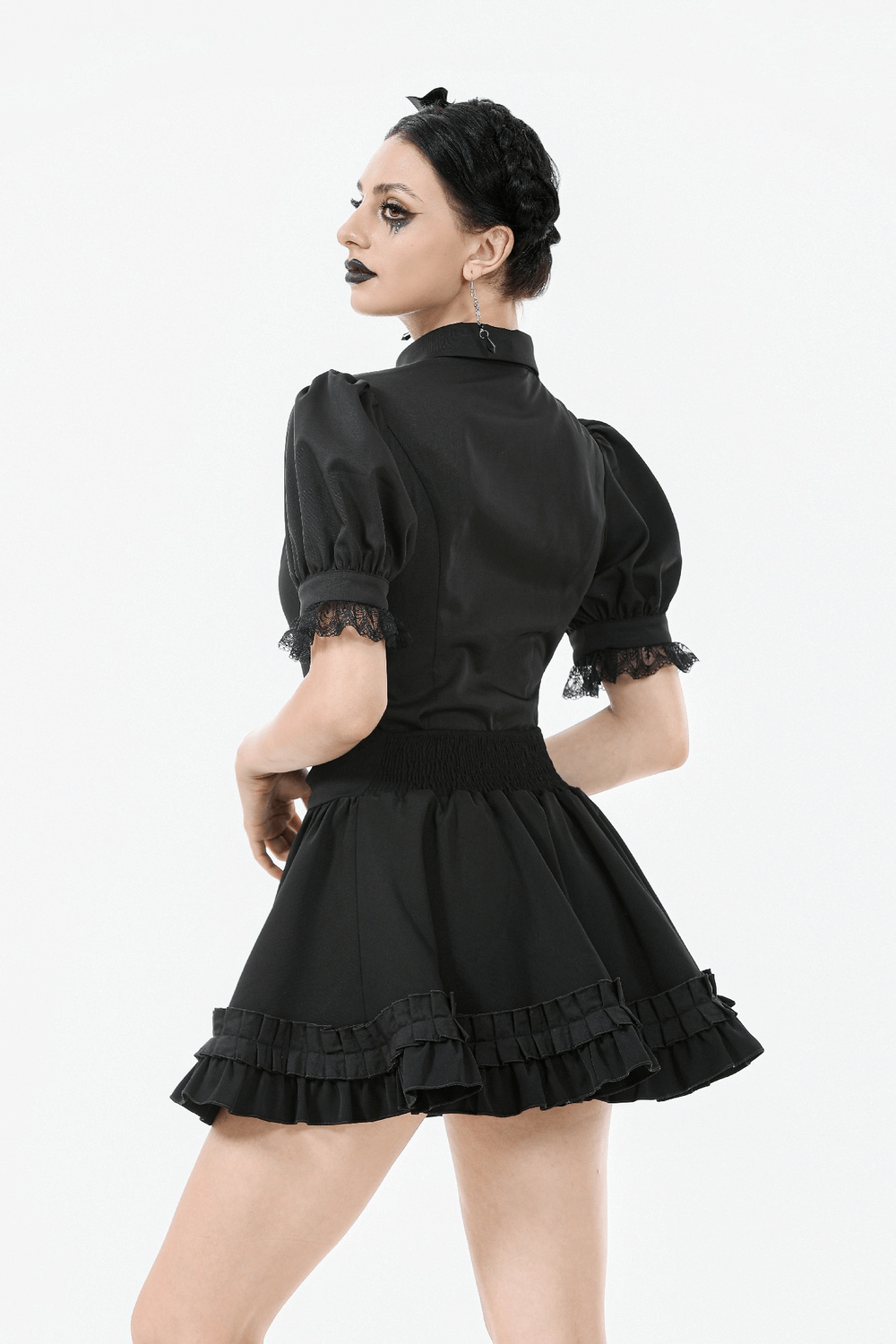 Gothic Ruffle Mini Skirt with Bow and Satin Layers