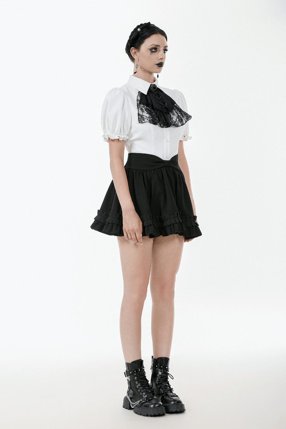 Gothic Ruffle Mini Skirt with Bow and Satin Layers