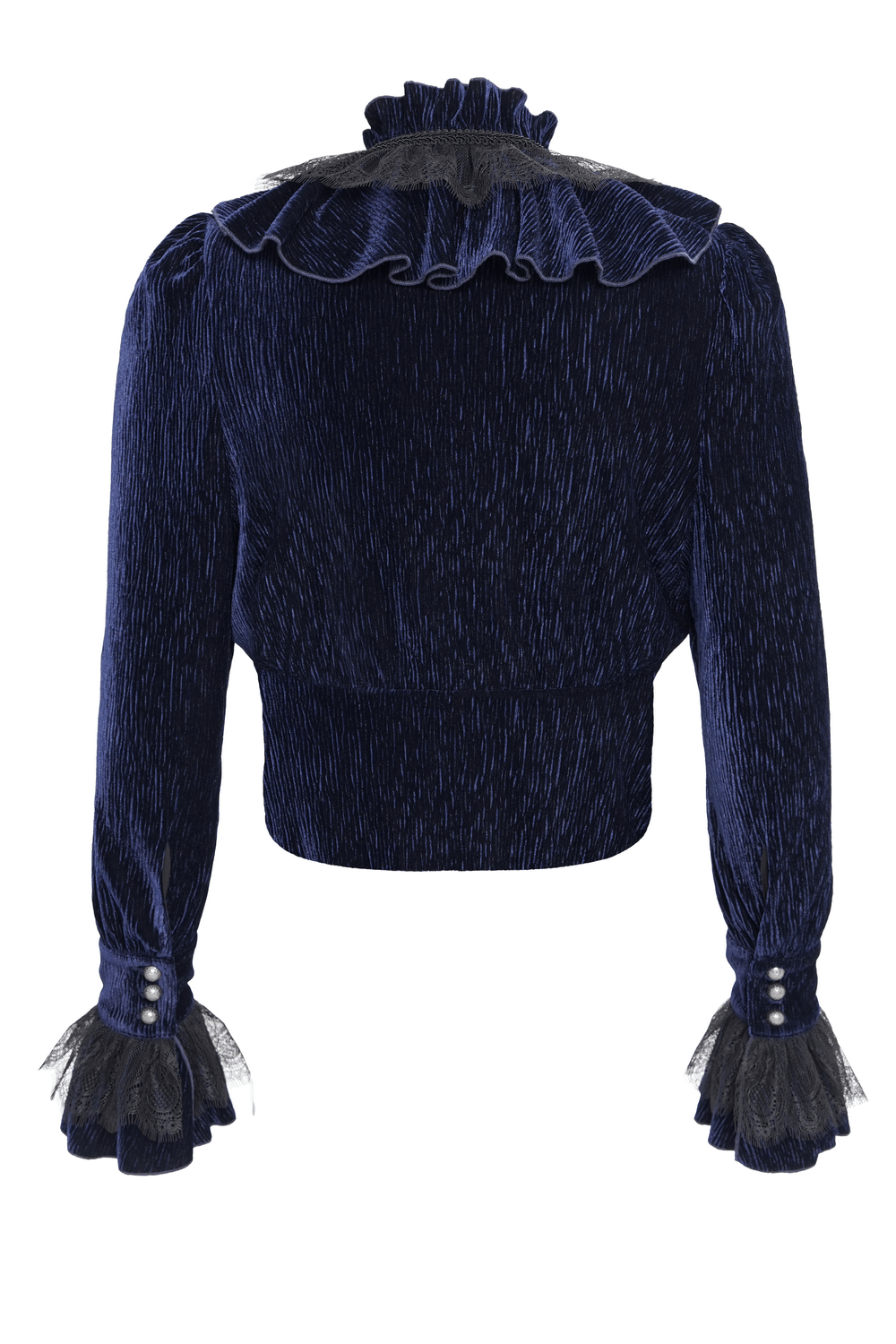 Gothic Ruffled Velvet Shirt with Lace and Pearls