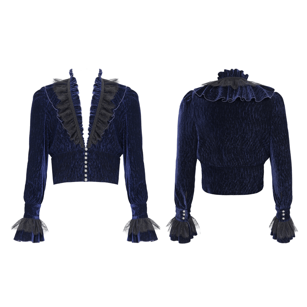Gothic Ruffled Velvet Shirt with Lace and Pearls