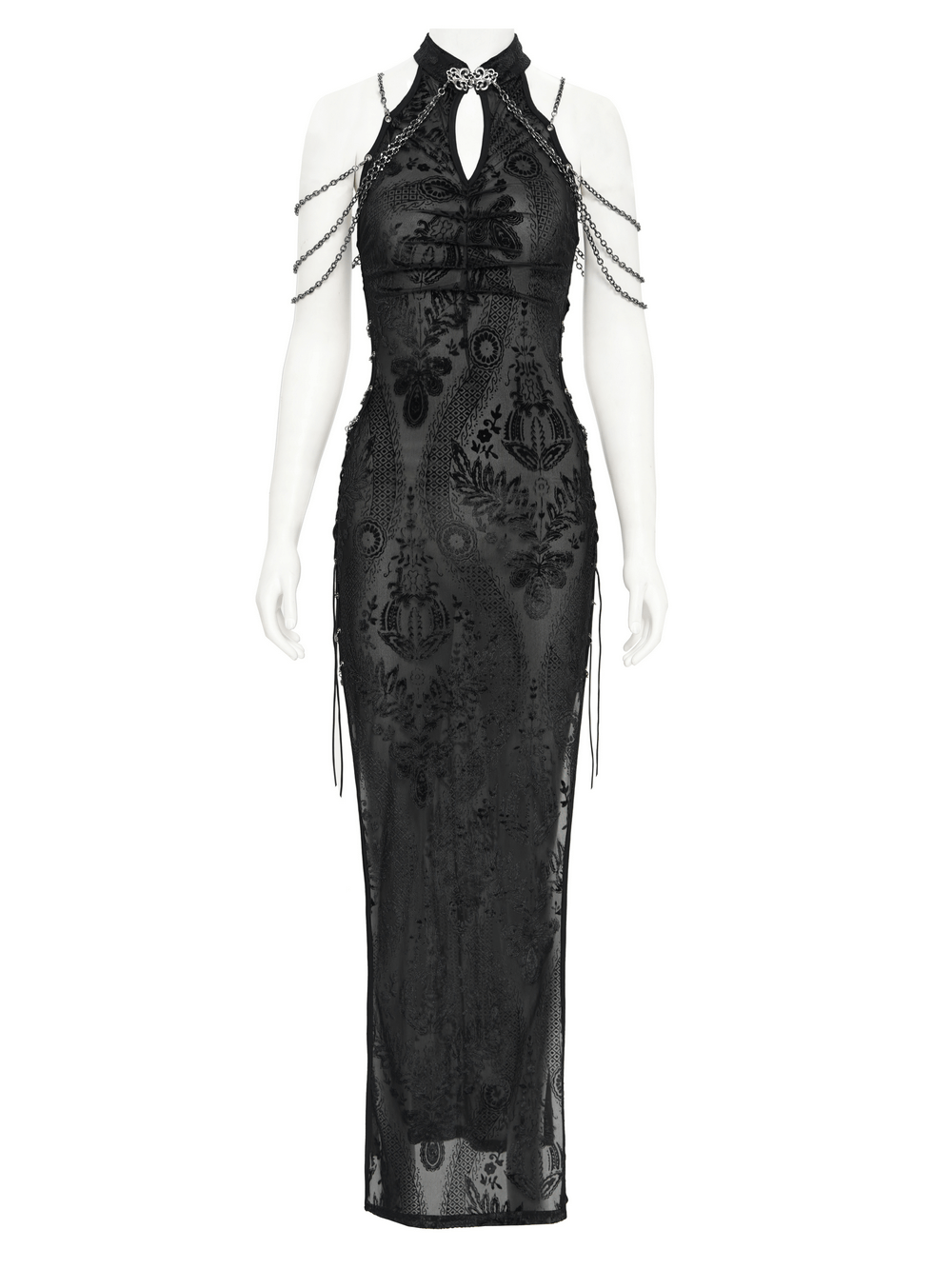 Gothic Sheer Black Dress with Chain Shoulder Detail