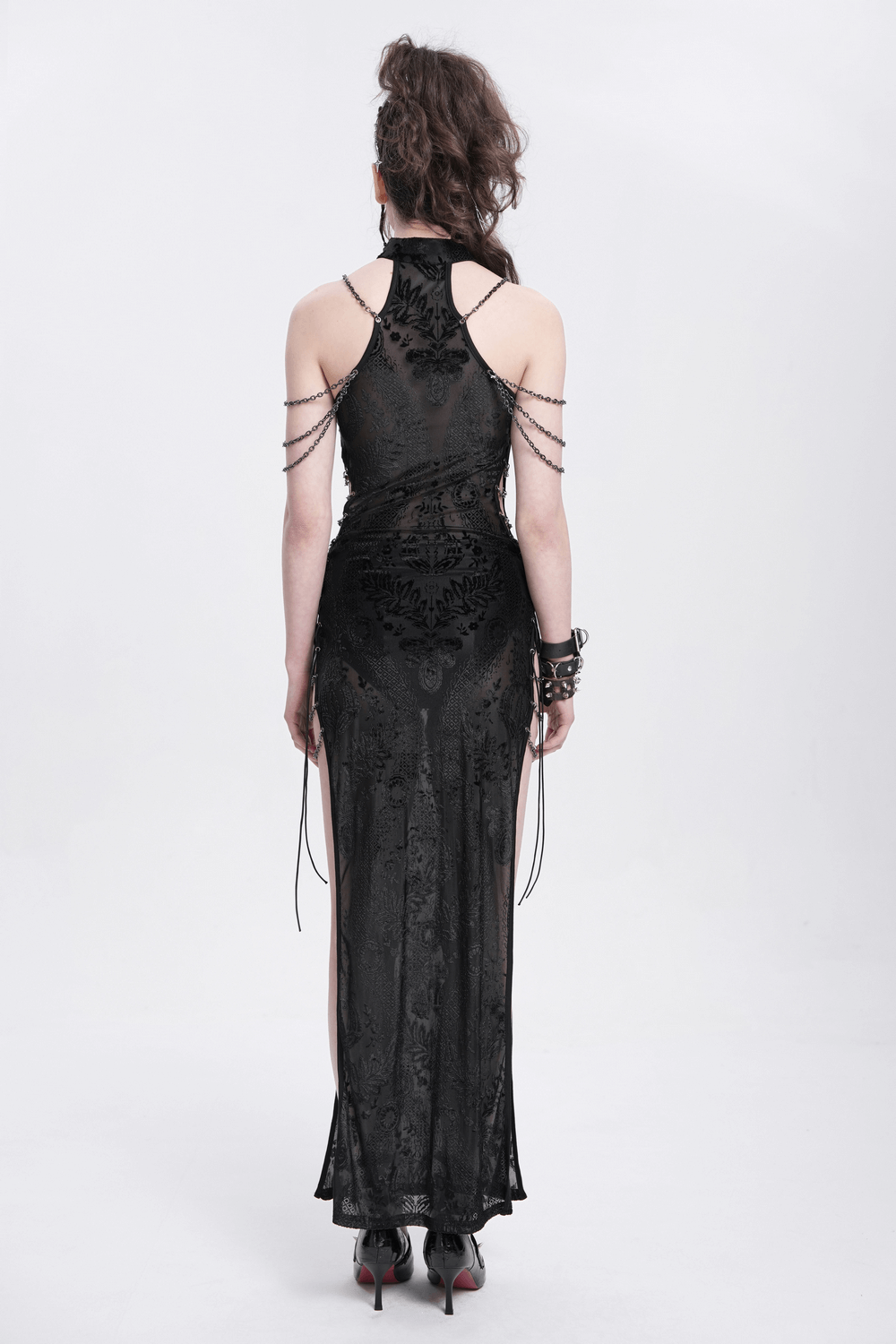 Gothic Sheer Black Dress with Chain Shoulder Detail