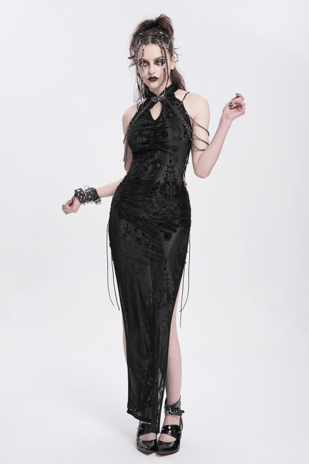 Gothic Sheer Black Dress with Chain Shoulder Detail