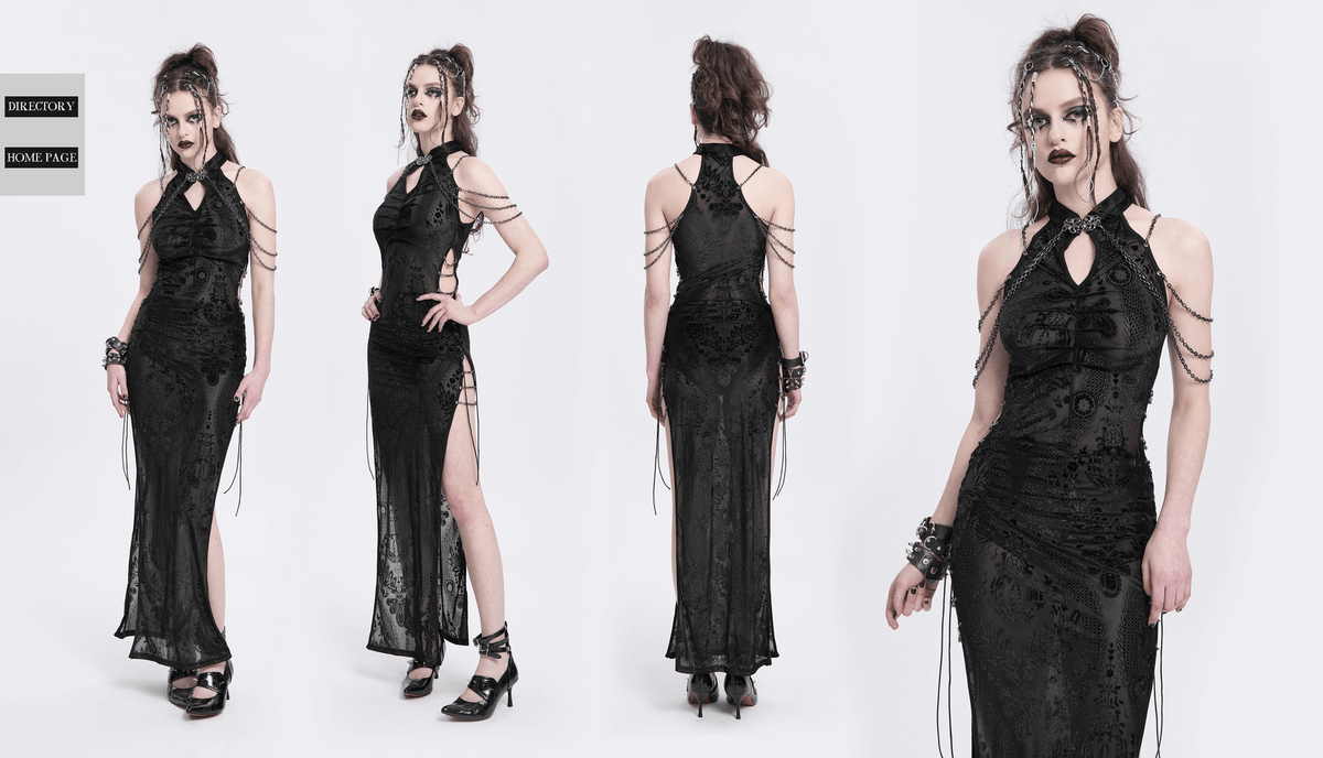 Gothic Sheer Black Dress with Chain Shoulder Detail