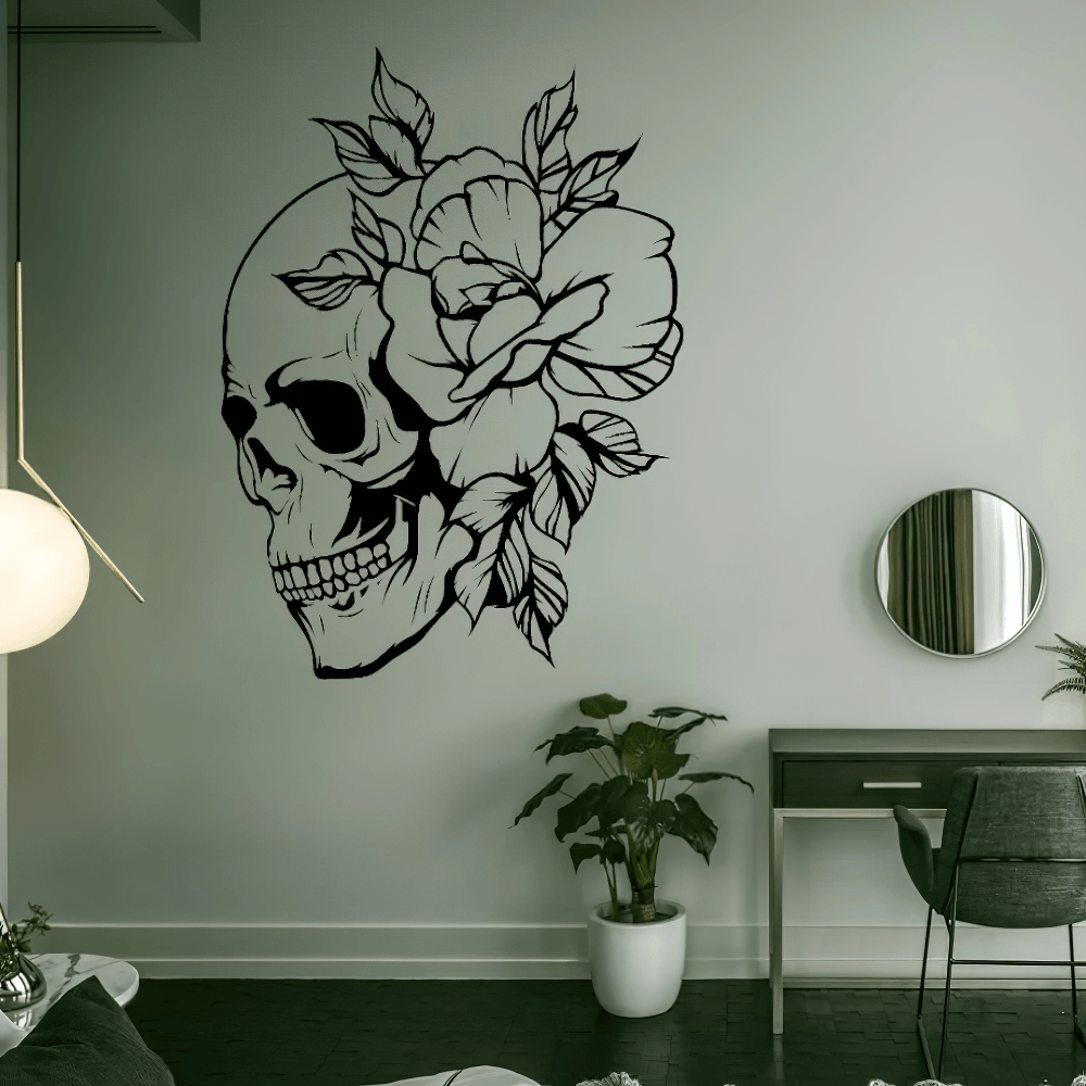 Gothic Skull and Rose Vinyl Wall Decal Artwork