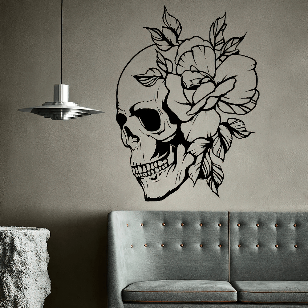 Gothic Skull and Rose Vinyl Wall Decal Artwork