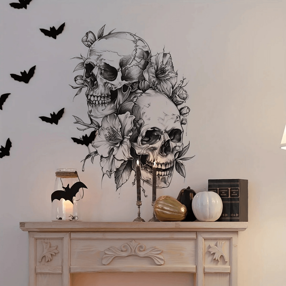 Gothic Skull Flower Wall Sticker for Halloween Decor