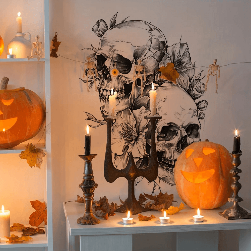Gothic Skull Flower Wall Sticker for Halloween Decor
