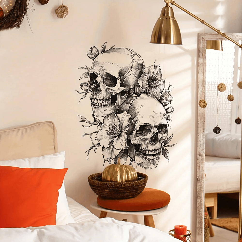 Gothic Skull Flower Wall Sticker for Halloween Decor