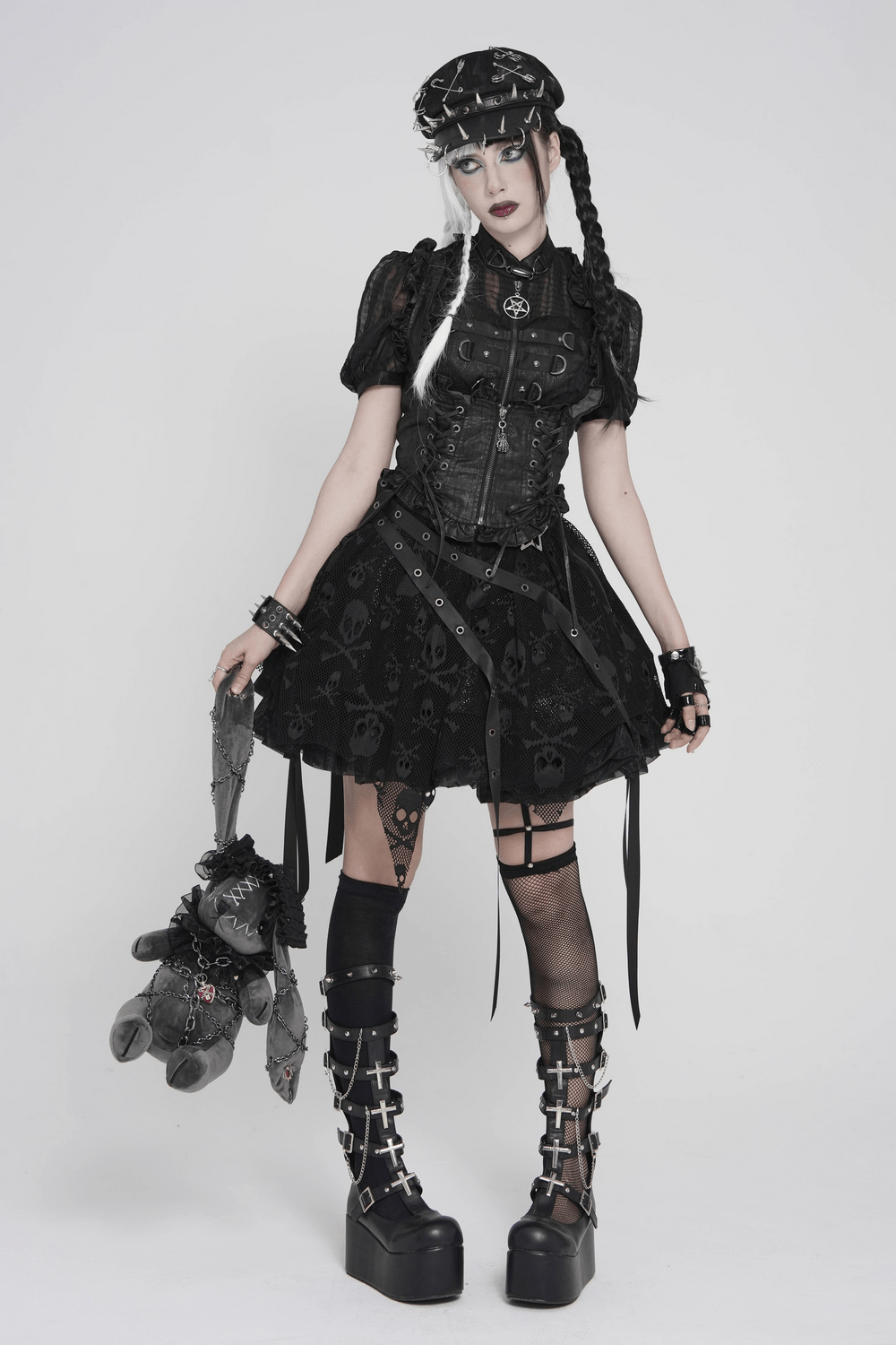 Gothic Skull Lace Mini Skirt with Strap Details