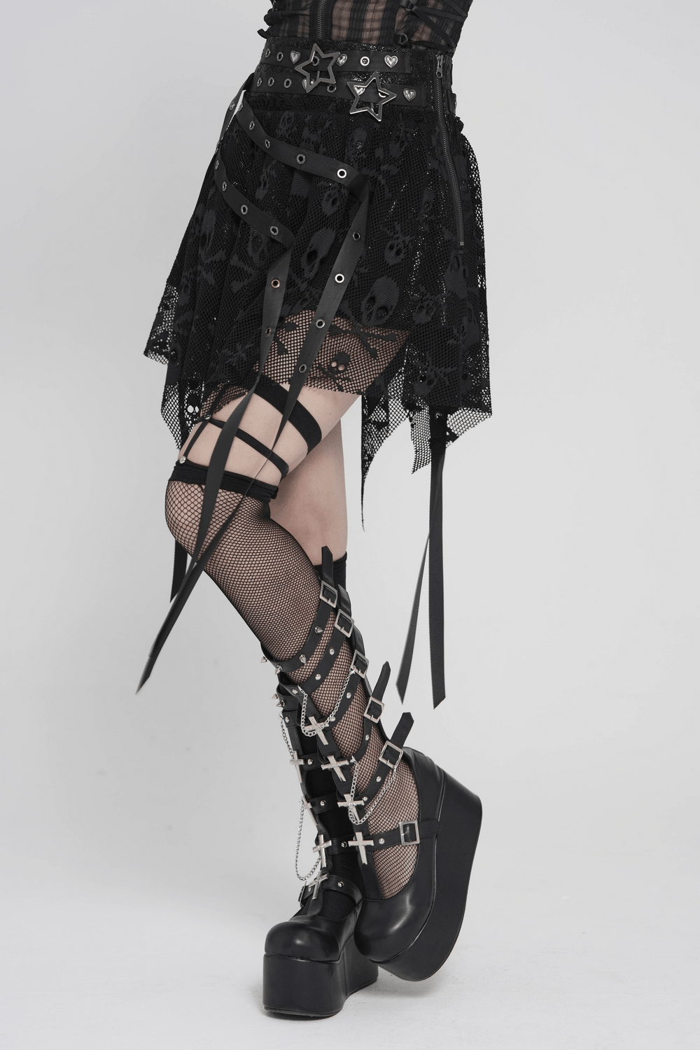 Gothic Skull Lace Mini Skirt with Strap Details