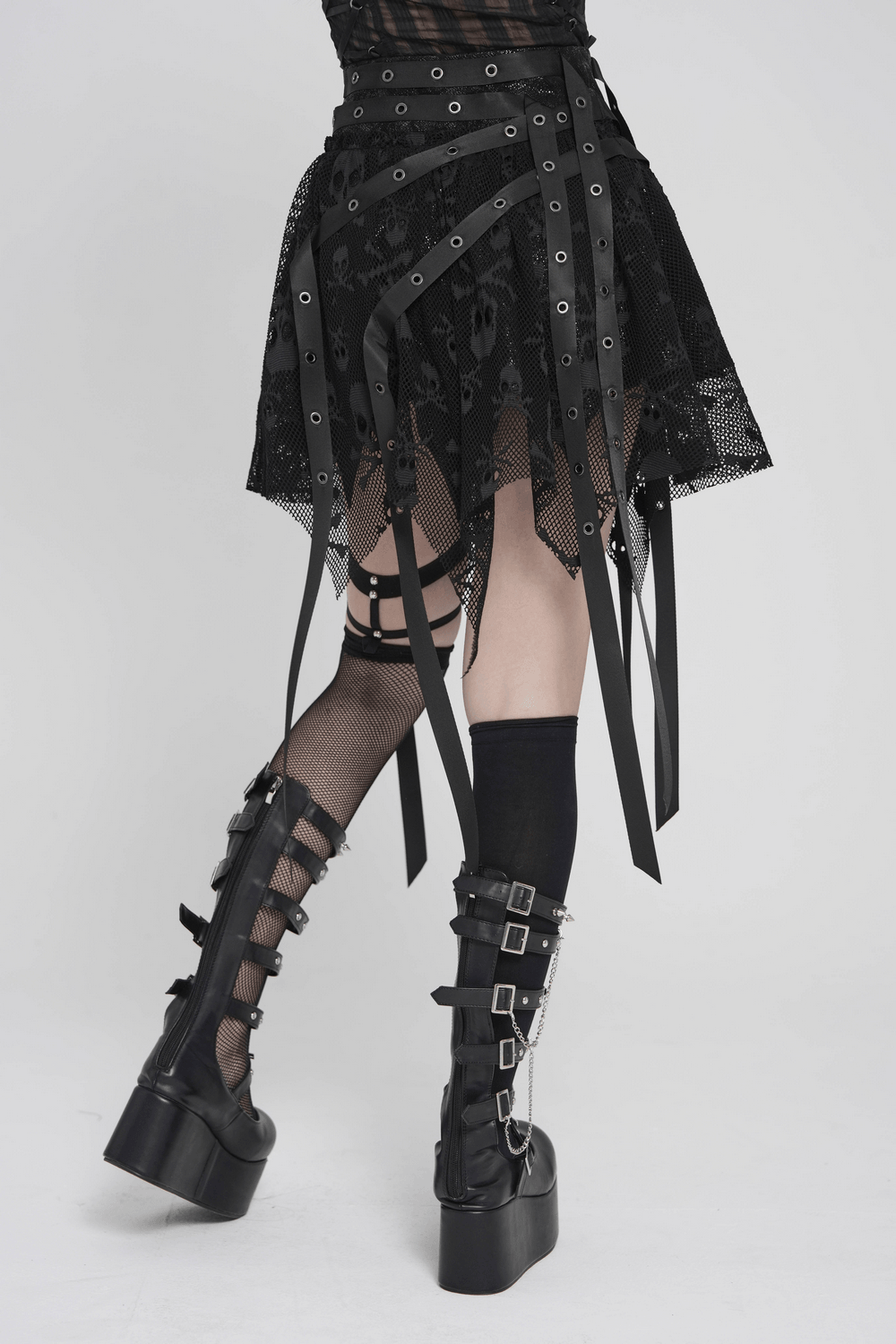 Gothic Skull Lace Mini Skirt with Strap Details