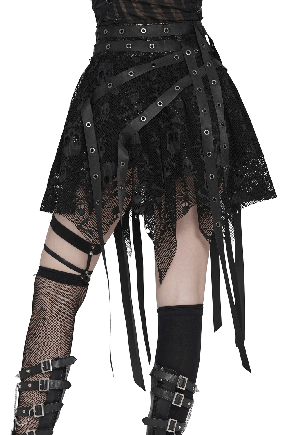 Gothic Skull Lace Mini Skirt with Strap Details