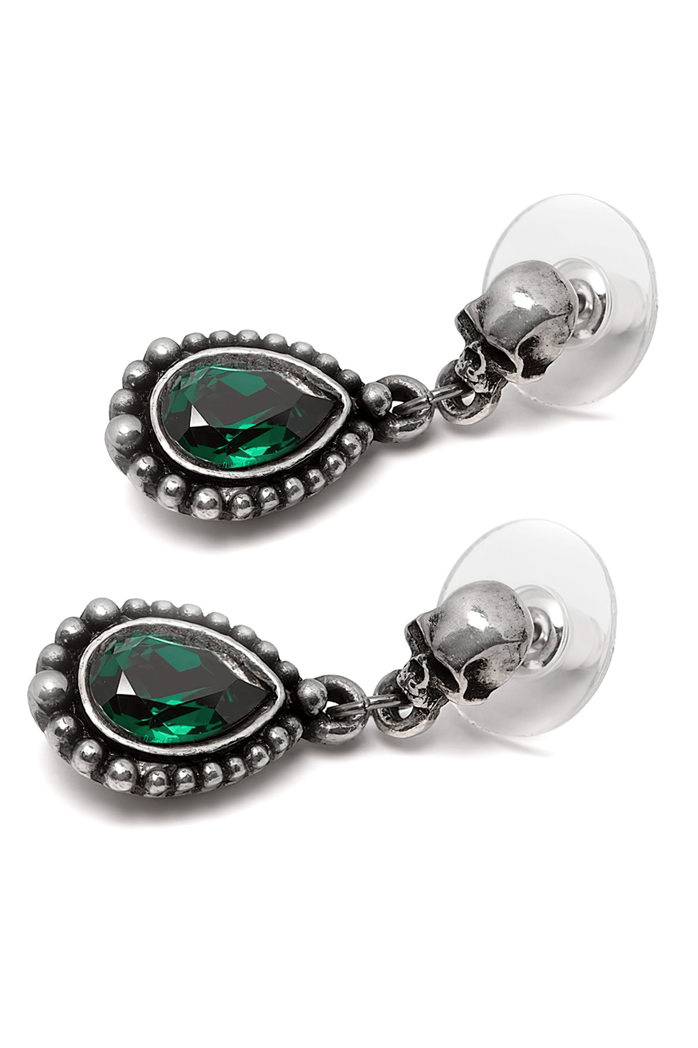 Gothic Skull Teardrop Green Crystal Dangle Earrings