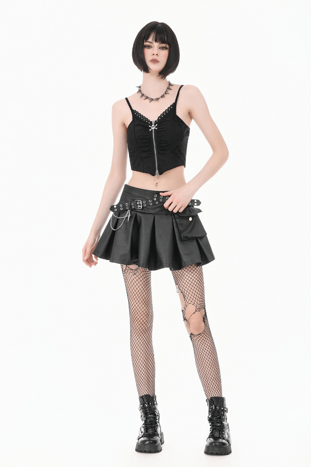 Gothic Skull Zip Ruched Crop Cami Top for Women
