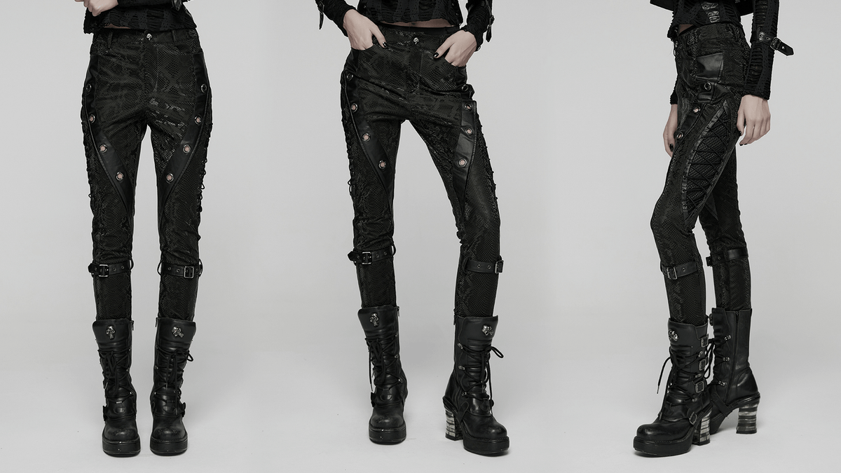 US SALE of Gothic Snake Print Pants with Eyelet and Strap Detail