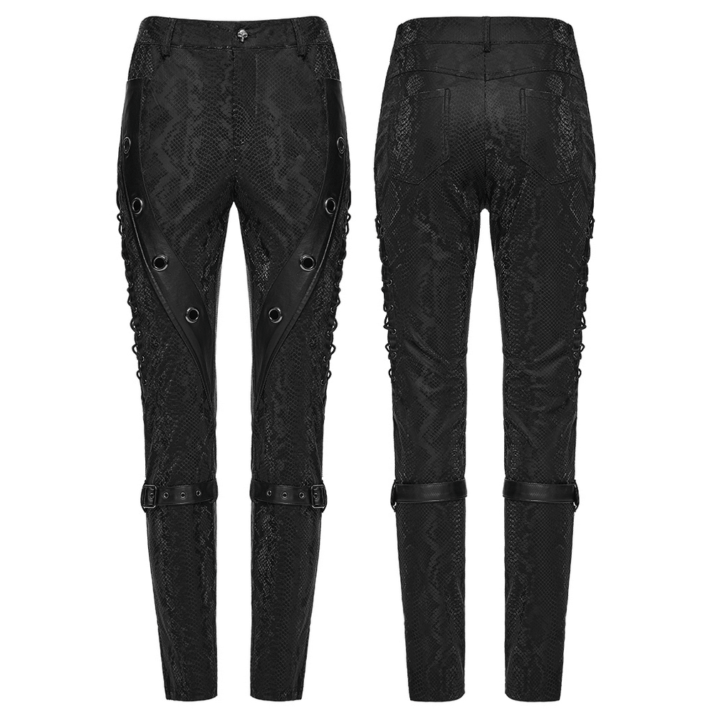 US SALE of Gothic Snake Print Pants with Eyelet and Strap Detail