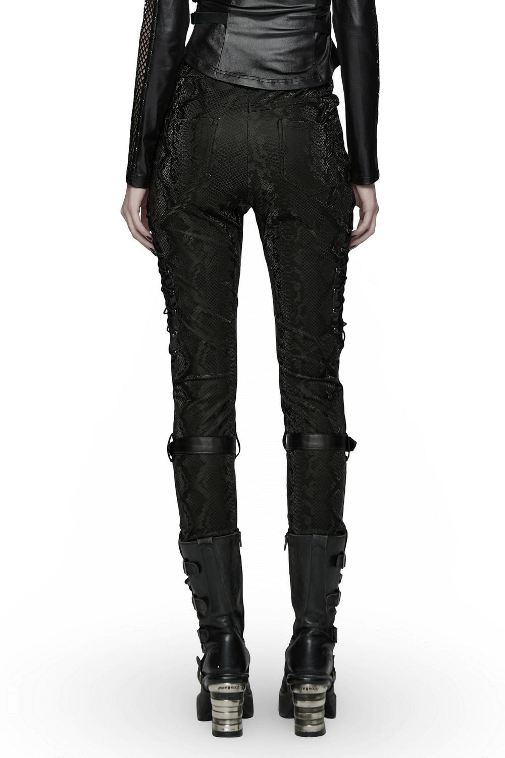 US SALE of Gothic Snake Print Pants with Eyelet and Strap Detail