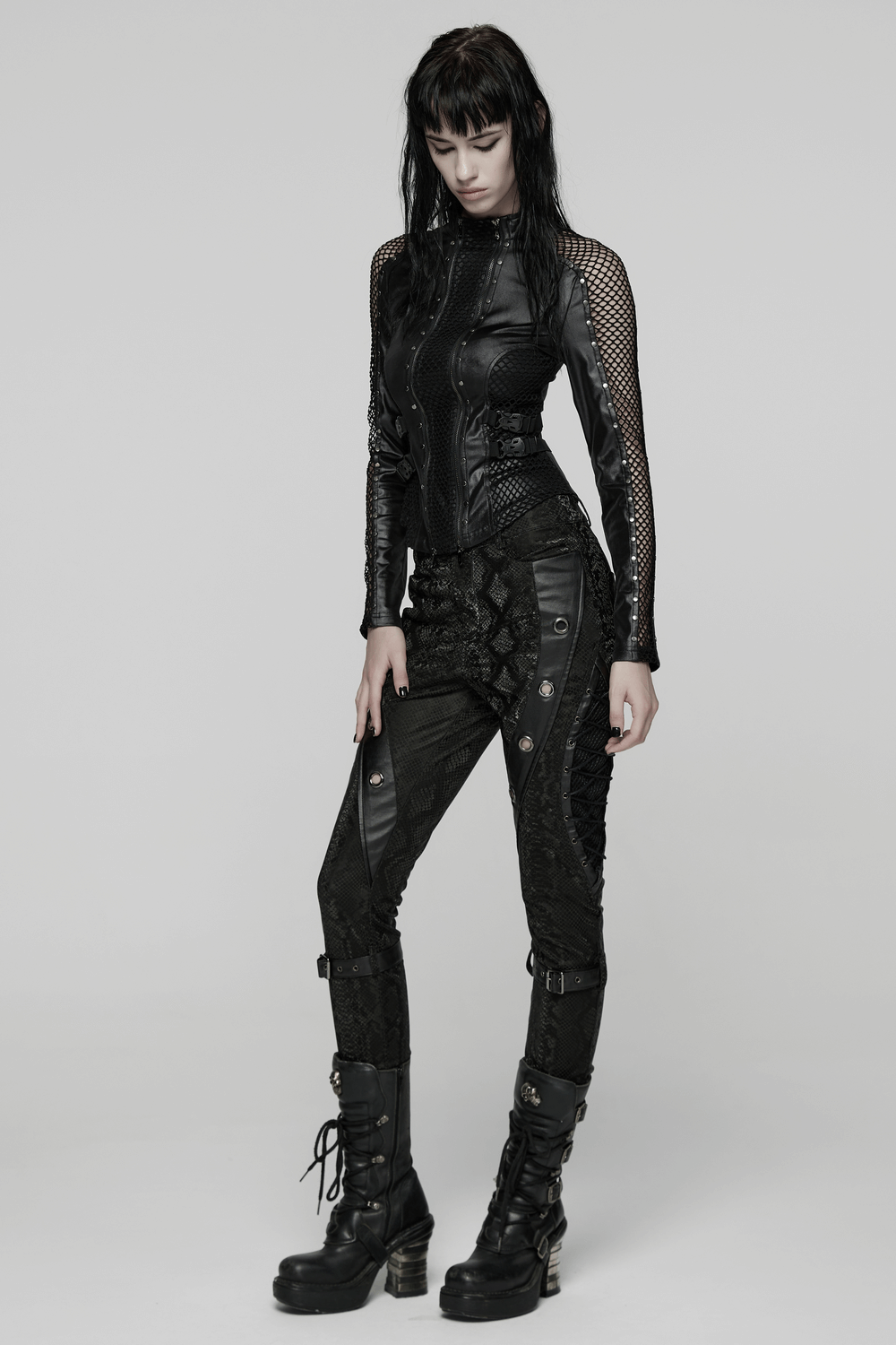 US SALE of Gothic Snake Print Pants with Eyelet and Strap Detail